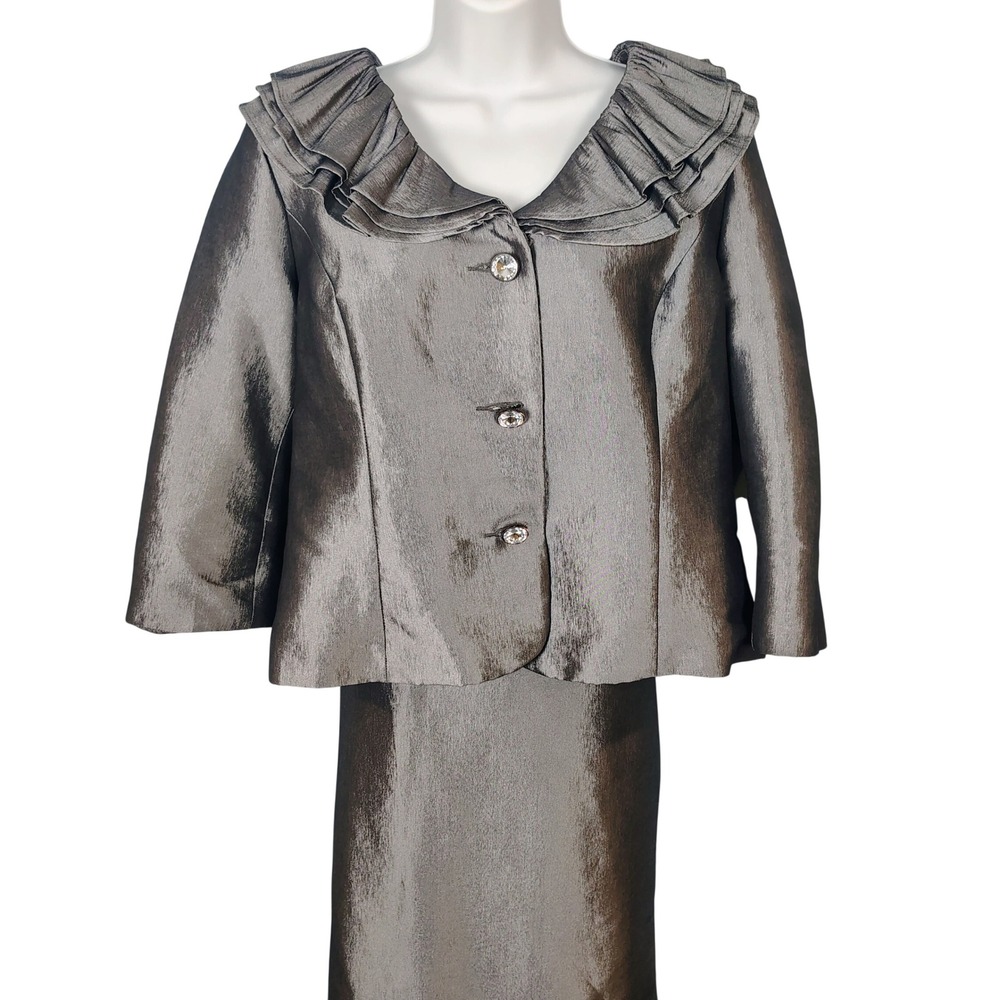 Nicolette Womens 18 Grey Metallic Ruffle Portrait Collar Skirt Suit 2pc Set